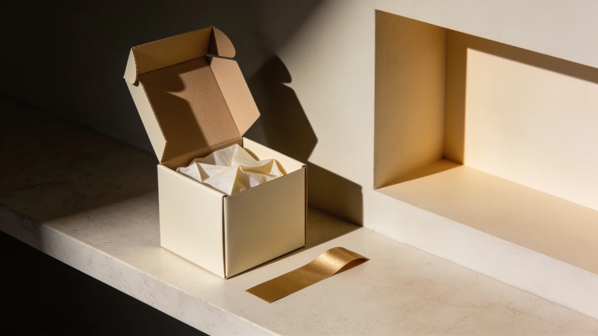 An ivory box being prepared on a shelf, a fulfillment illustration.