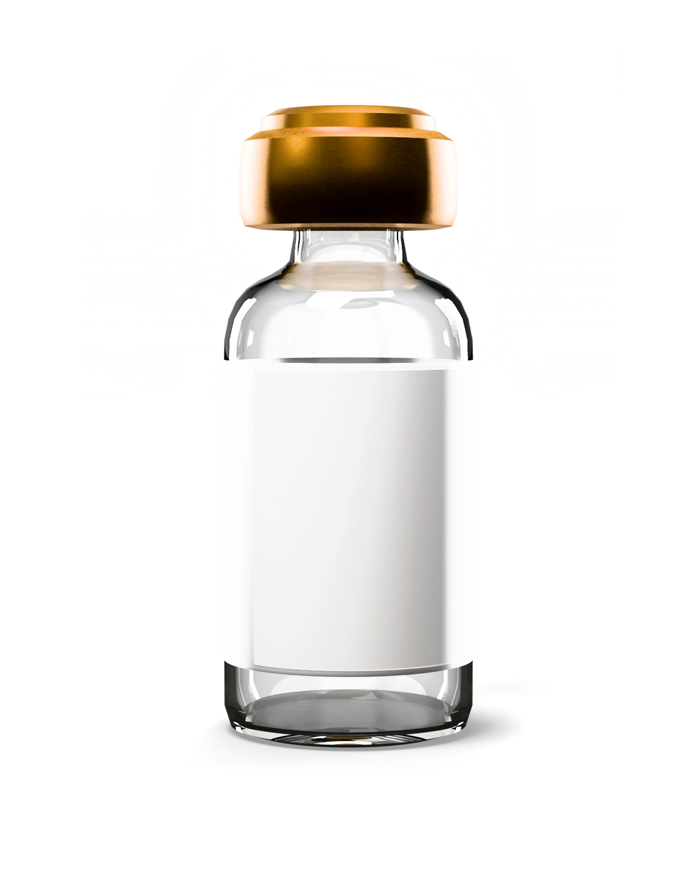 Illustrative clear glass research vial with a blank label and gold closure