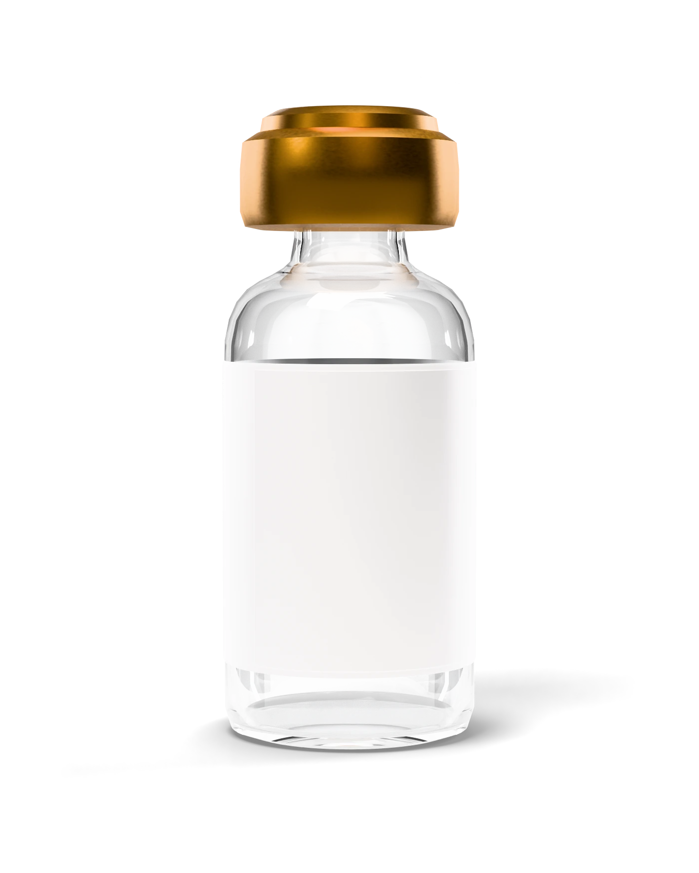 Illustrative clear glass research vial with a blank label and gold closure